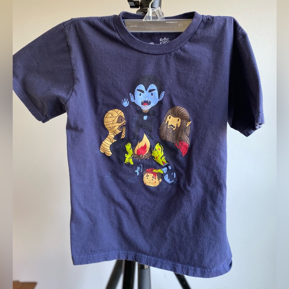 Dark Navy t-shirt titled "Horror Tales" - mummy, vampire, werewolf